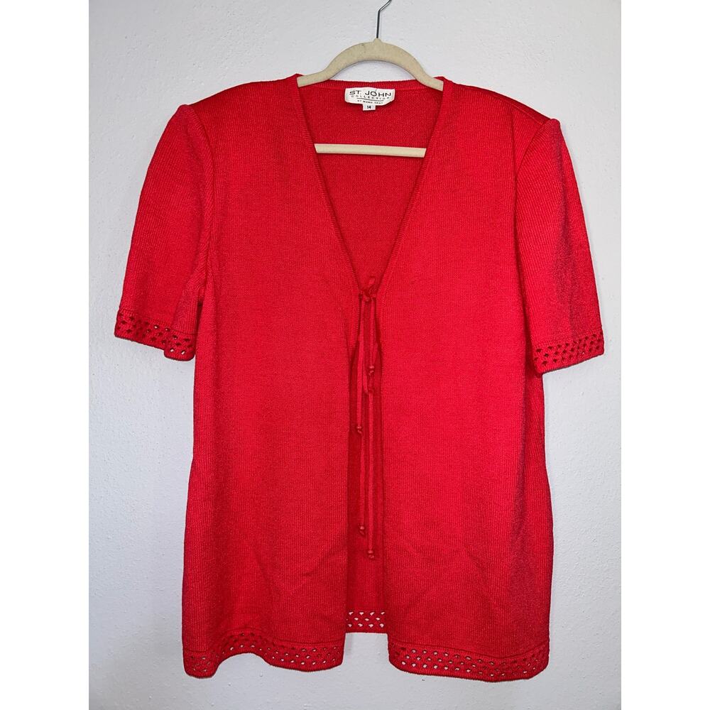 St. John Collections Downtown Artsy Marie Gray Crochet Orange Double Cardigan